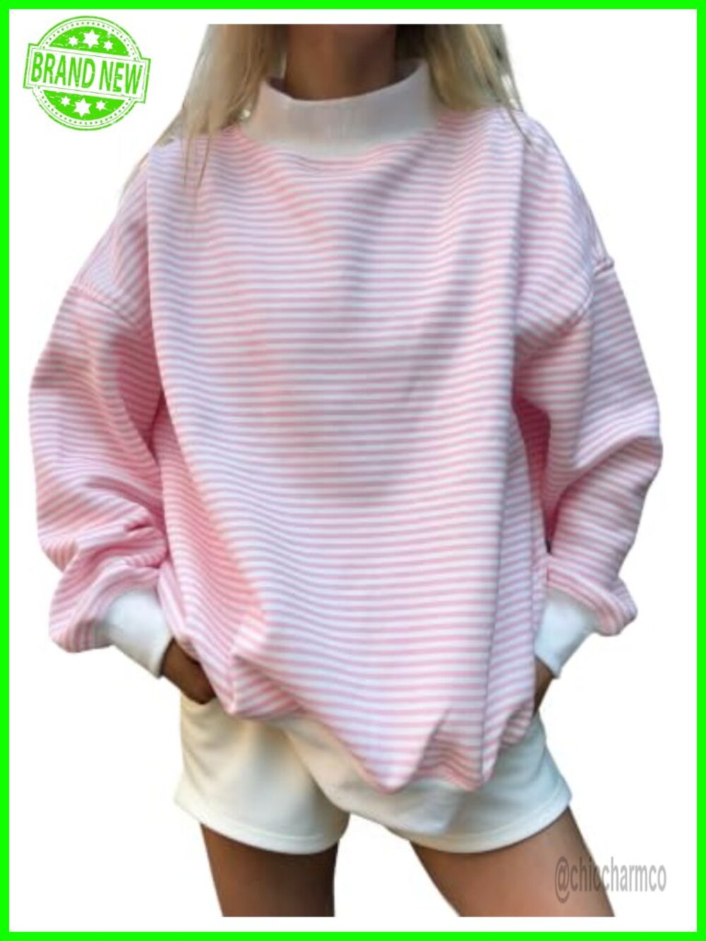 Oversized Striped Mock Neck Long Sleeve Sweatshirt Pullover Women's Casual